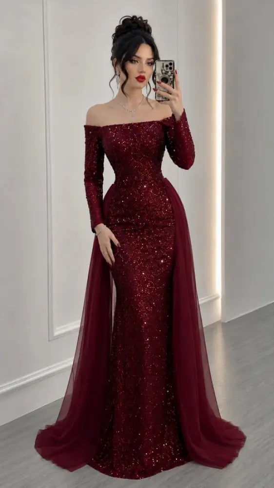 off shoulder sequin evening dress