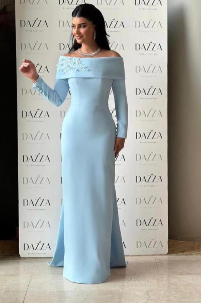 off shoulder long sleeve evening dress
