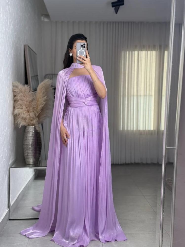 فستان سهرة ليلكي بكاب طويل منسدل