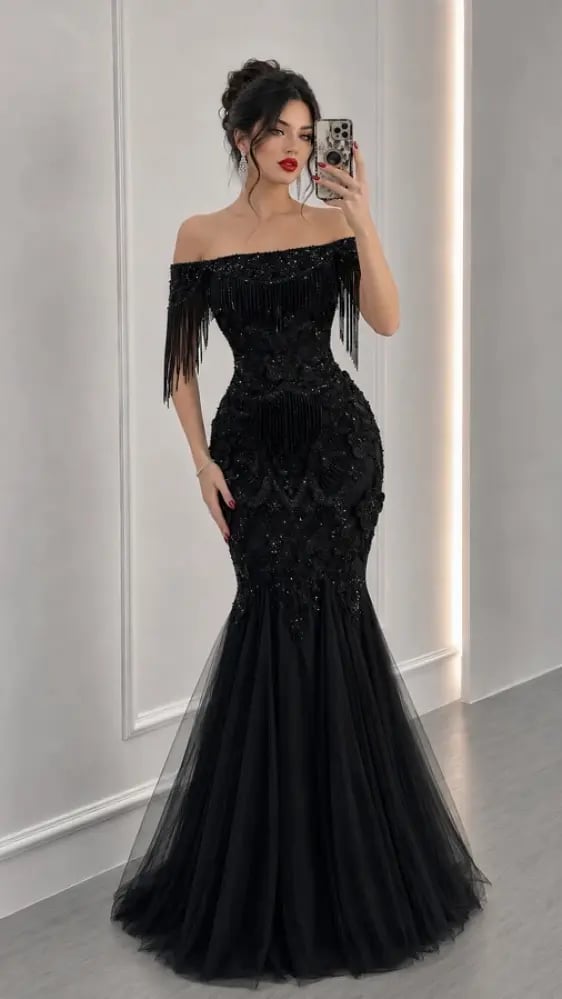 off shoulder mermaid sequin fringe evening dress