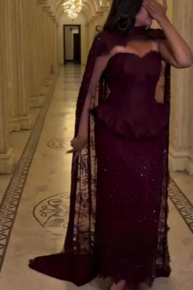 strapless lace cape evening dress