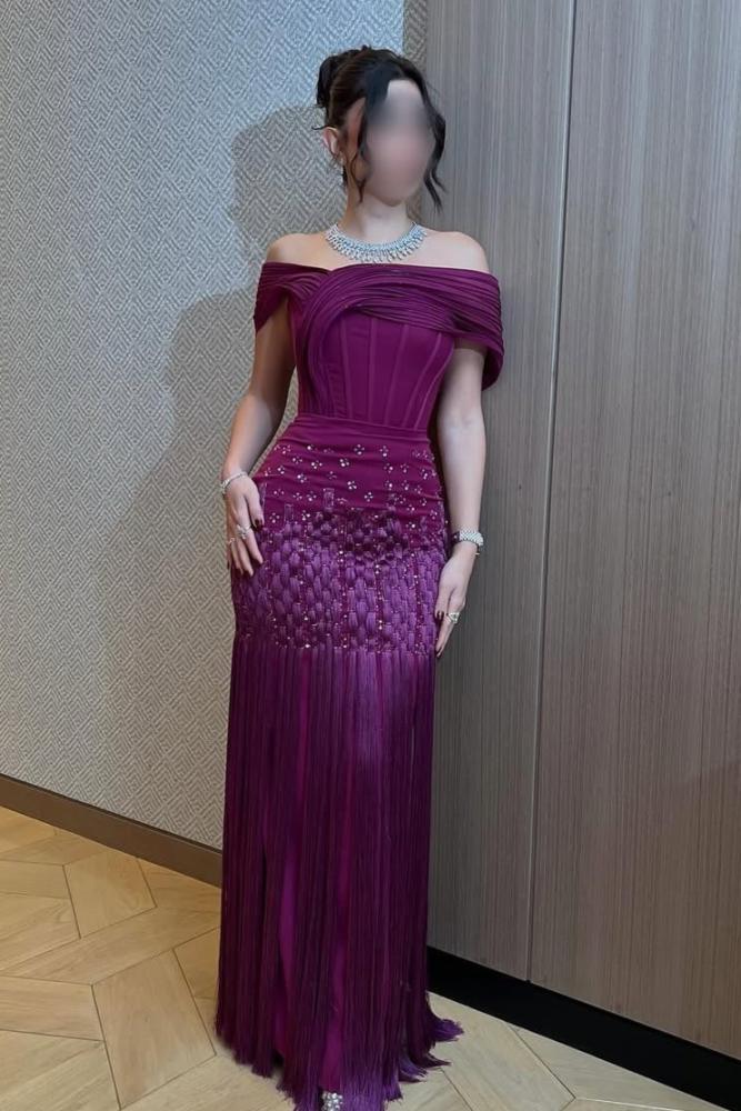 off shoulder fringe evening dress