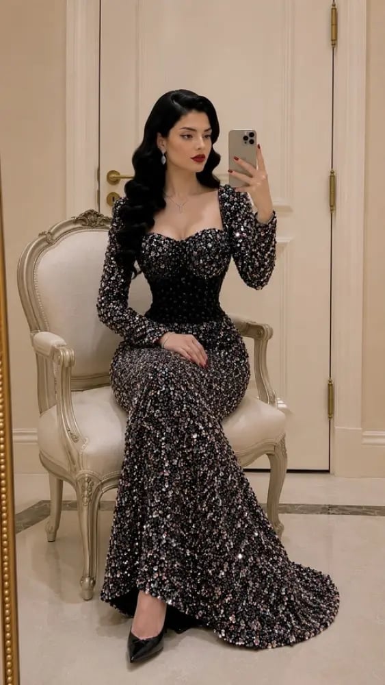 فستان سهرة أسود تفتة بالكريستال – سنا الحرير