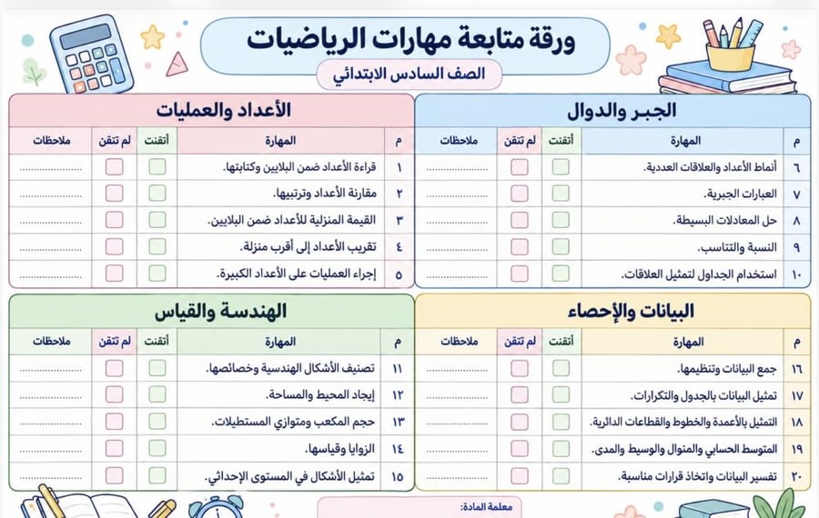 ورقة متابعة مهارات الصف السادس رياضيات