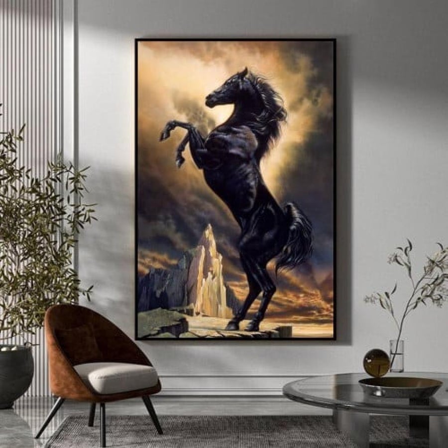 لوحة كبرياء الصاعقة: لوحة خيل أسود جامح مودرن كانفس فخم