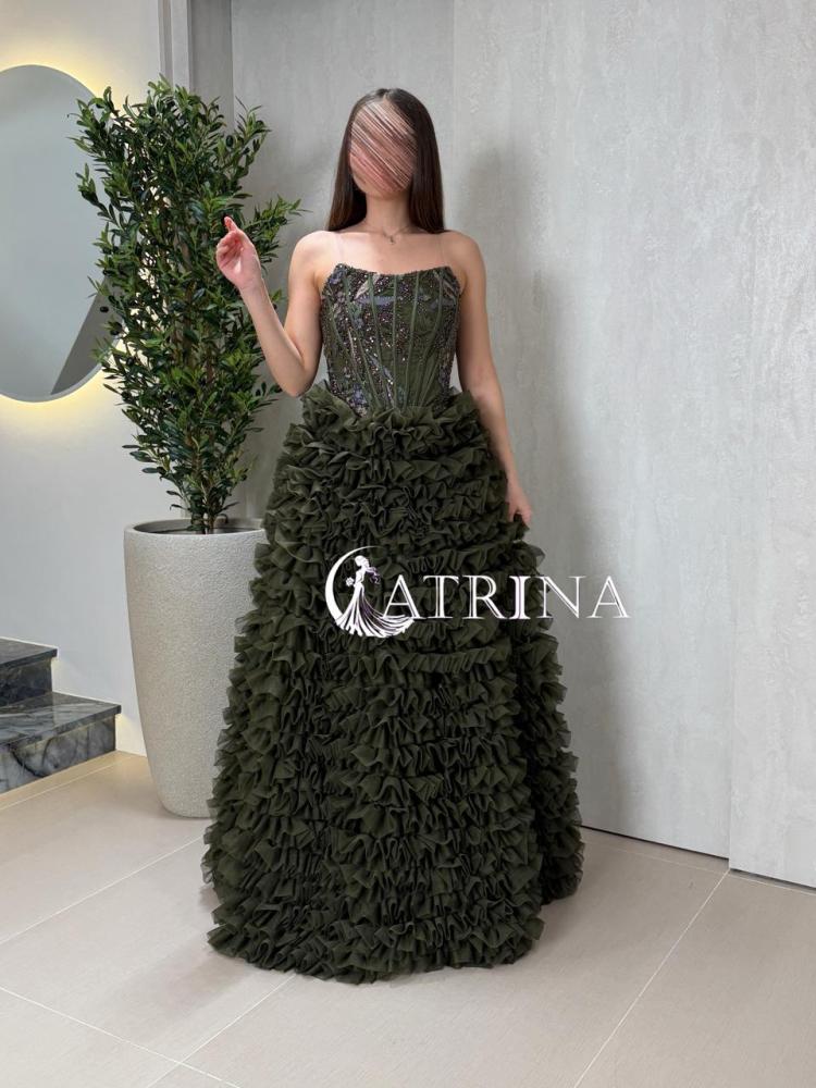 Luxury evening dress in olive color with a corset design and ruffled skirt