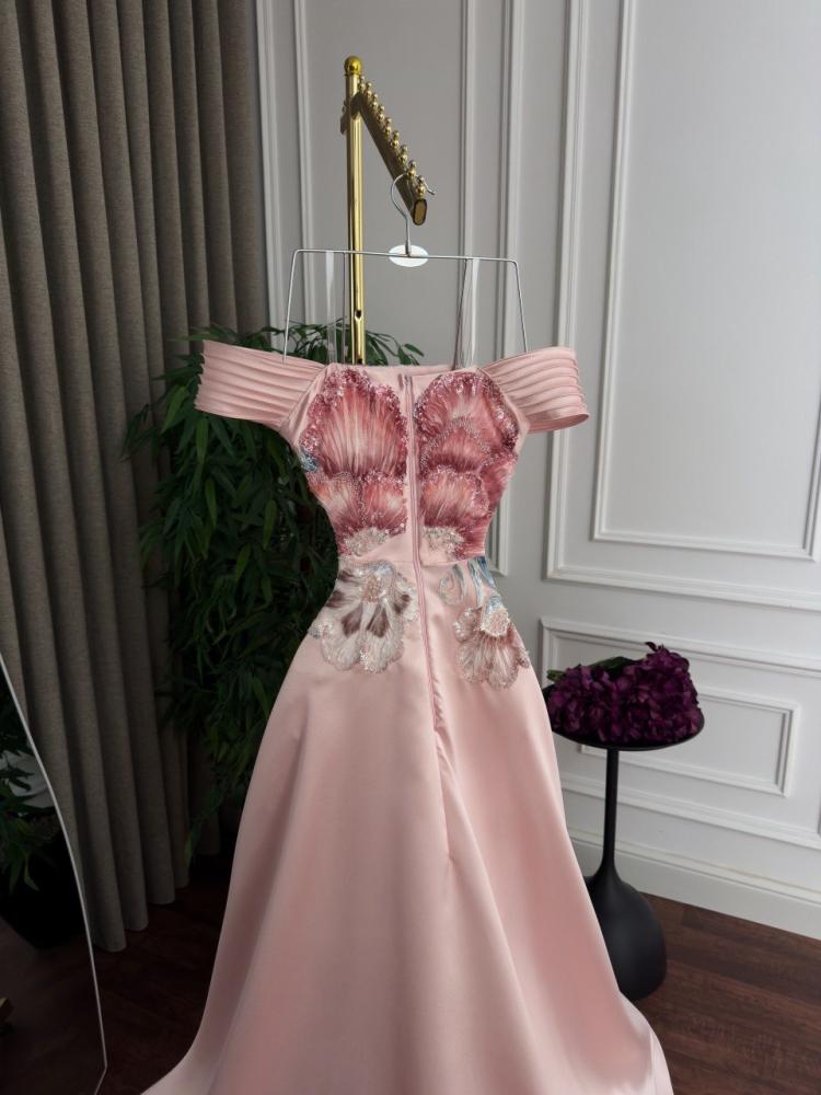 Pink powder evening dress off shoulder with luxurious floral embroidery