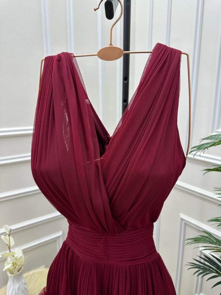 A purple velvet evening dress.