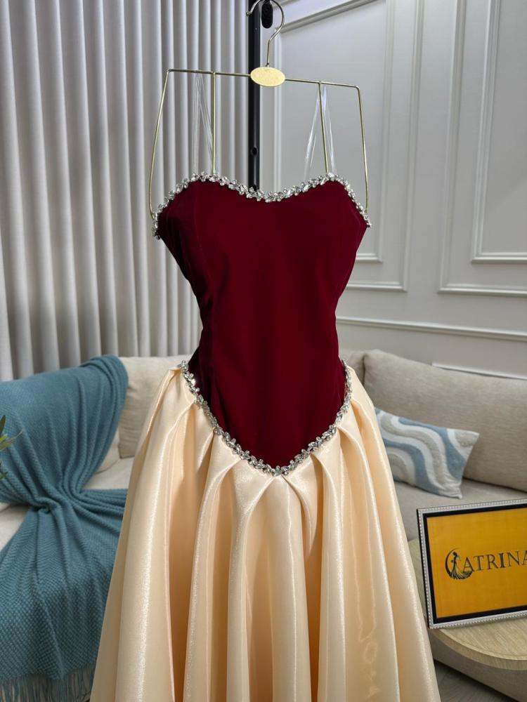 An orange velvet evening dress.