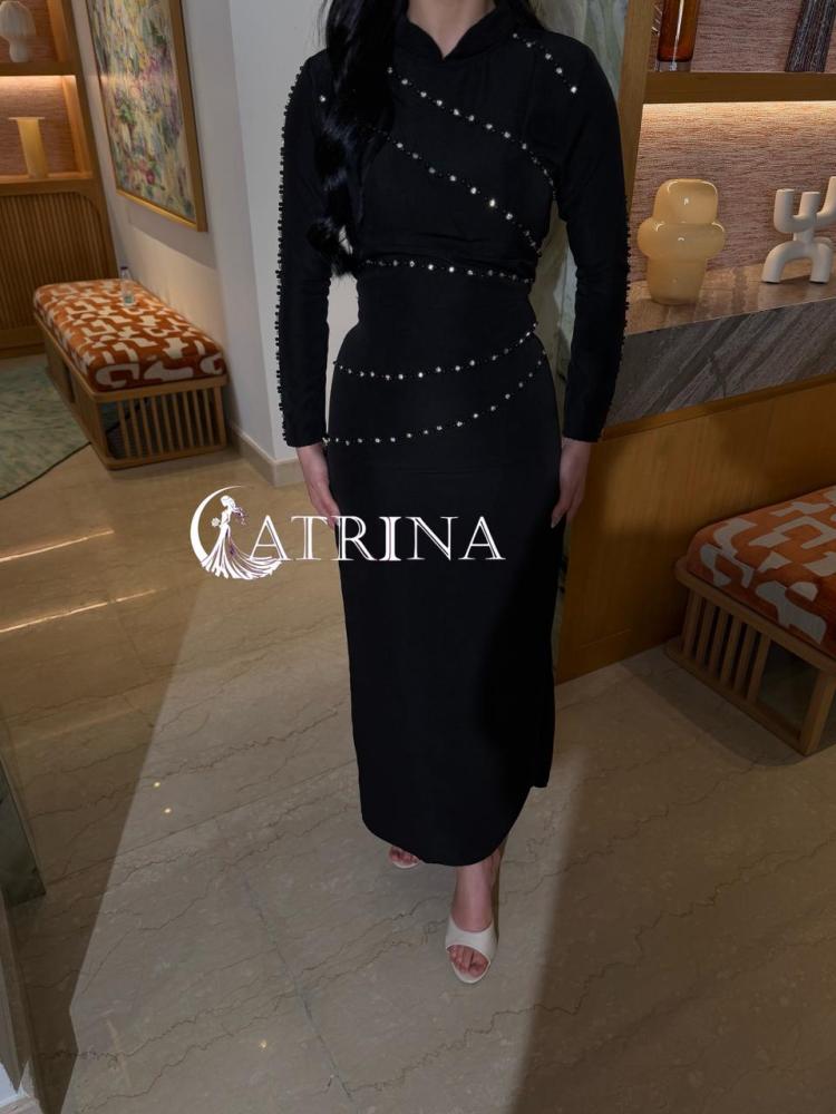 Luxury black evening dress with soft crystal embroidery