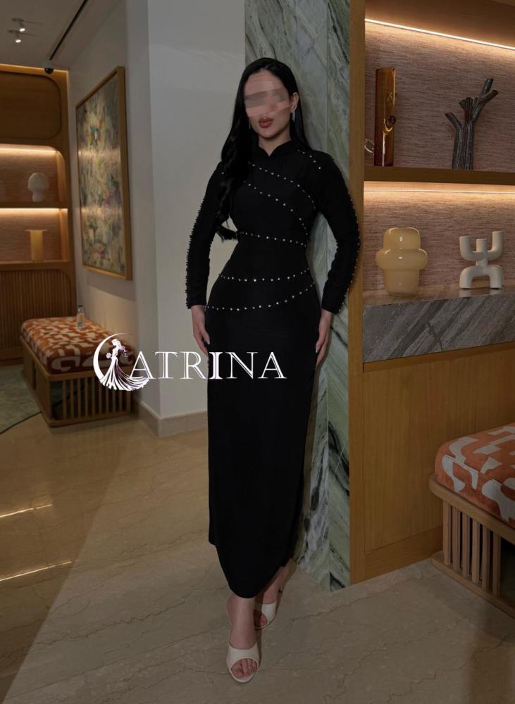 Luxury black evening dress with soft crystal embroidery