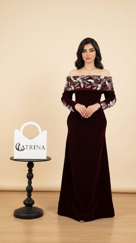 فستان سهرة جوخ عنابي فاخر