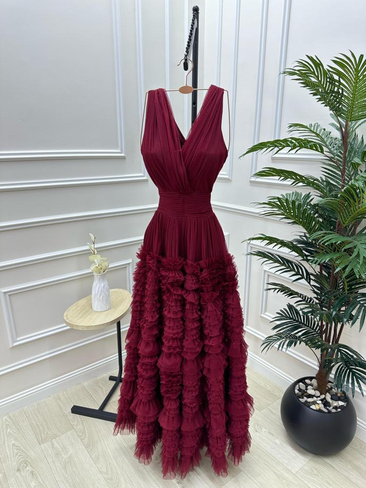 A purple velvet evening dress.