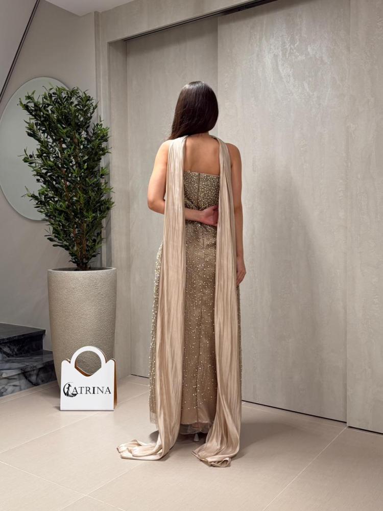Luxury champagne evening dress embroidered with crystal with shawl