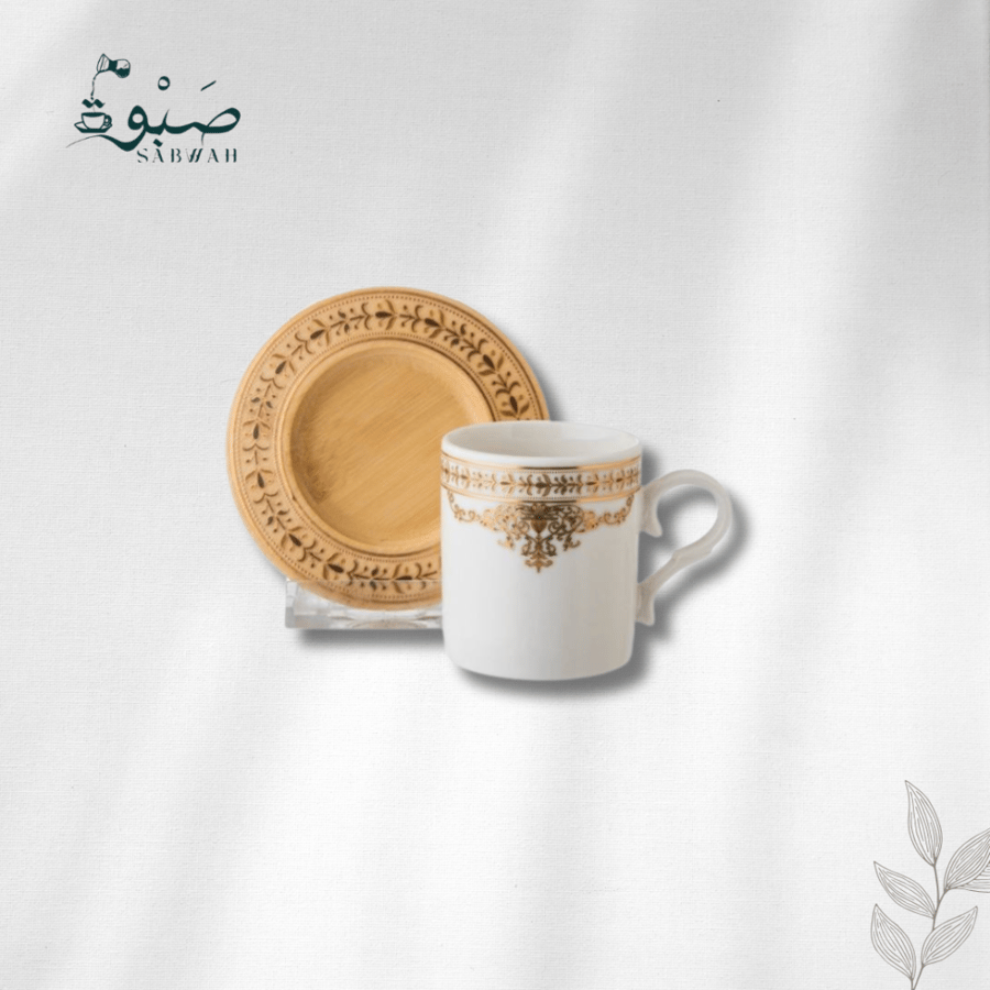Turkish coffee cup with a pattern and a wooden plate
