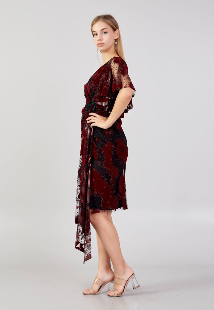 Short Sleeve Midi Tulle Column Plus Size Evening Dress RON7157-B