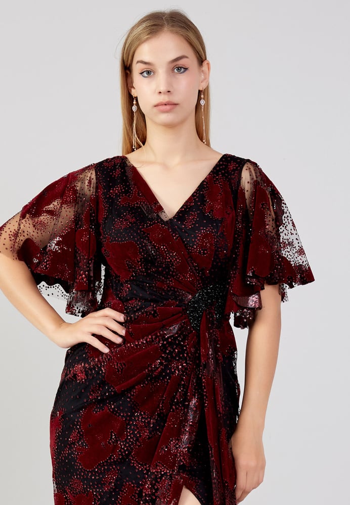 Short Sleeve Midi Tulle Column Plus Size Evening Dress RON7157-B