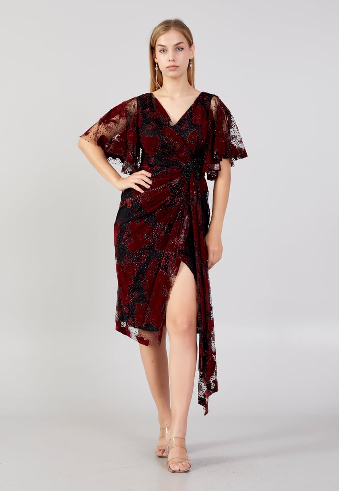 Short Sleeve Midi Tulle Column Plus Size Evening Dress RON7157-B