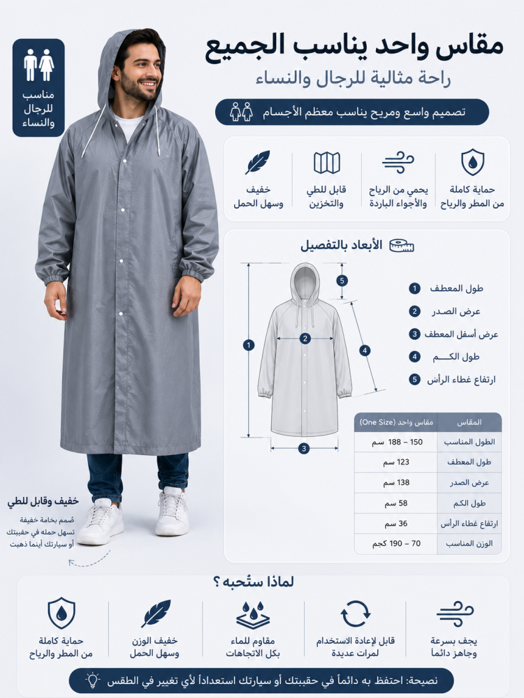 معطف المطر الطويل المقاوم للماء