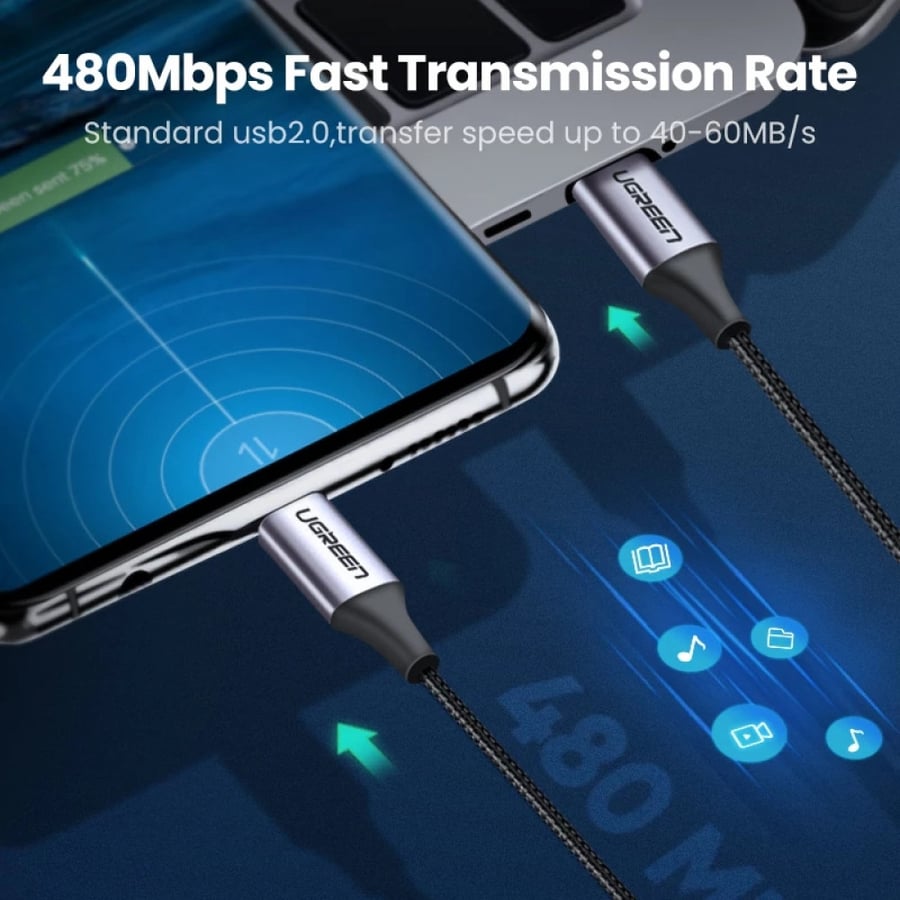 يوجرين | سلك شاحن تايب سي الى تايب سي سريع جدا UGREEN | USB-C to USB-C Cable 60W PD QC 4.0 0.5M 1M 2M
