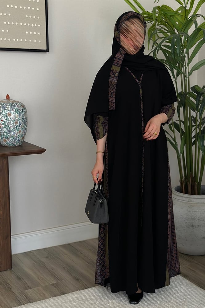 Modern black kashmiri abaya with elegant heritage patterns