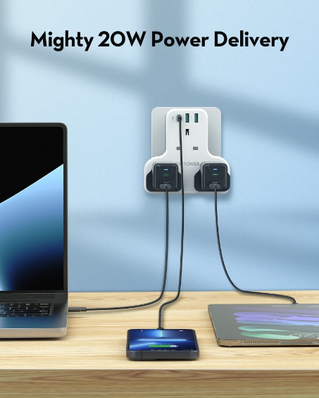 شاحن جداري راف باور بايونير 3 مداخل طاقه ثلاثيه مع منفذين USB ومنفذ تايب سي بتقنية PD بقوة 20 واط