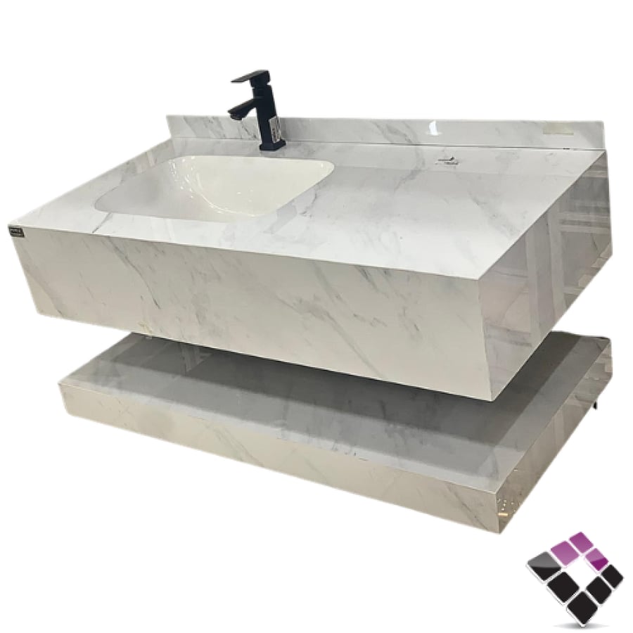 Orient standard wall-mounted porcelain marble sink with white color, gray veins, built-in with lower shelf 100CM + LED lighting mirror.