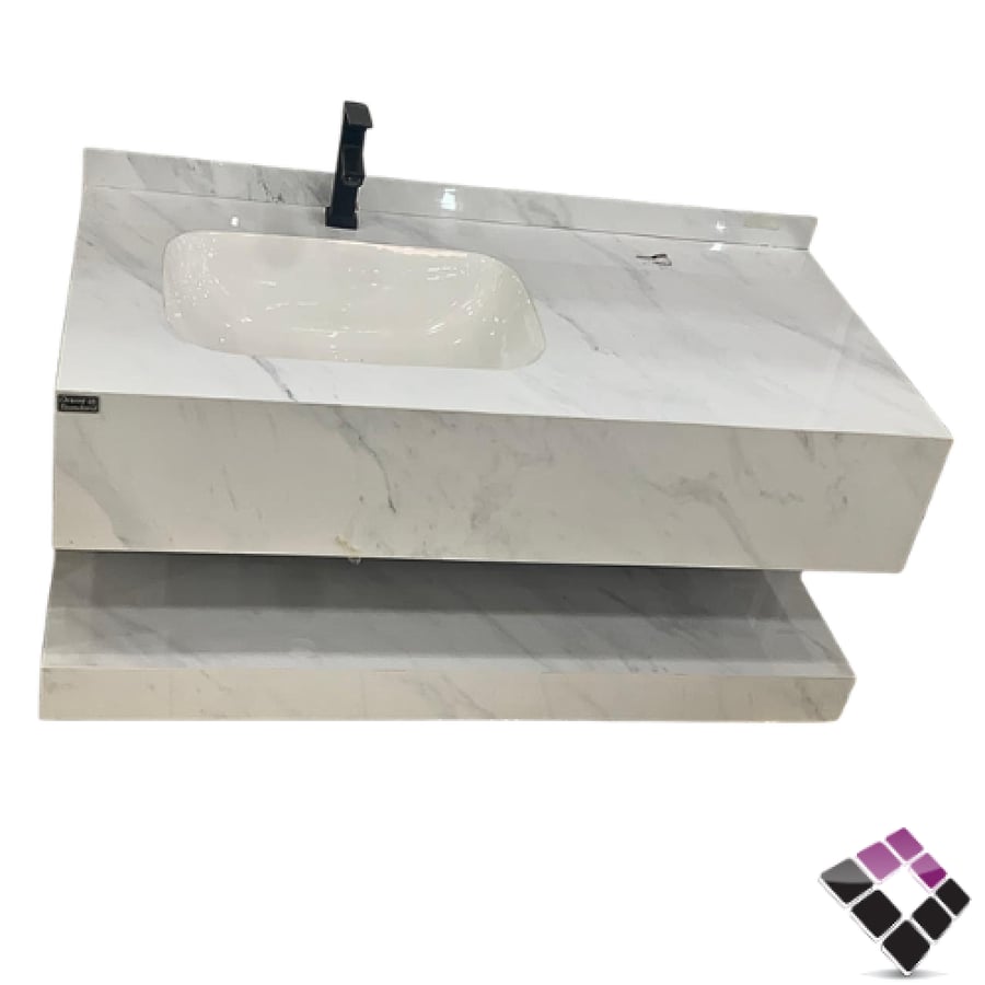Orient standard wall-mounted porcelain marble sink with white color, gray veins, built-in with lower shelf 100CM + LED lighting mirror.