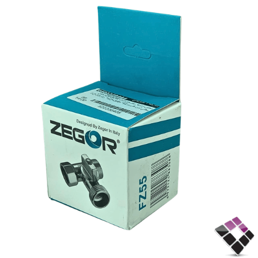 محبس زاوية مخرجين للماء ZEGOR نحاس مطلي لون كروم 1/2"×3/4×1/2" رقم FZ-55