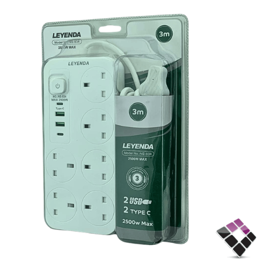 توصيلة كهرباء جهد منخفض للاجهزة الاكترونية LEYENDA صيني 6 منافذ فيش 13 امبير بمفتاح +2 USB 2+TYPE-C طول السلك 3 متر رقم NS-834
