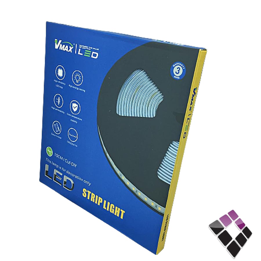 شريط زينة LED استريب STRIP عدسة نقاط SMD مباشر بدون ترنس + شريط لاصق VMAX قص كل 10سم إضاءة 4000K كريمي لفة طول 10متر