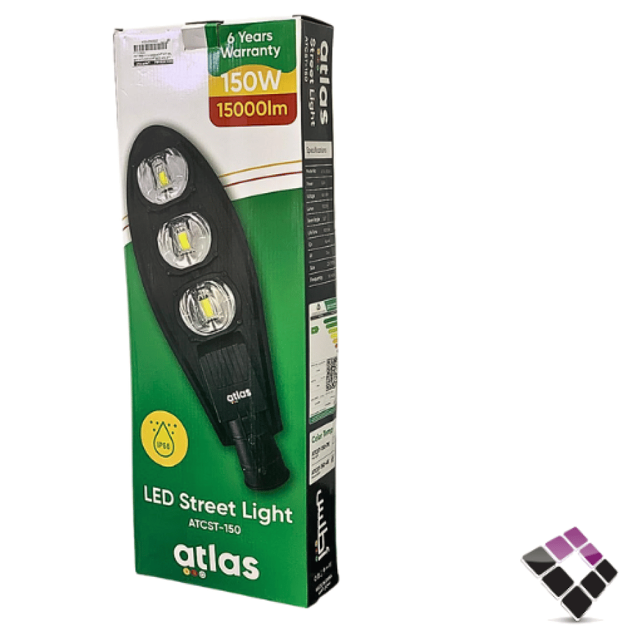 كشاف شارع LED خارجي COB عدسة كوب اطلس atlas إضاءة 4000K كريمي بدون خلية ضوئية 150W