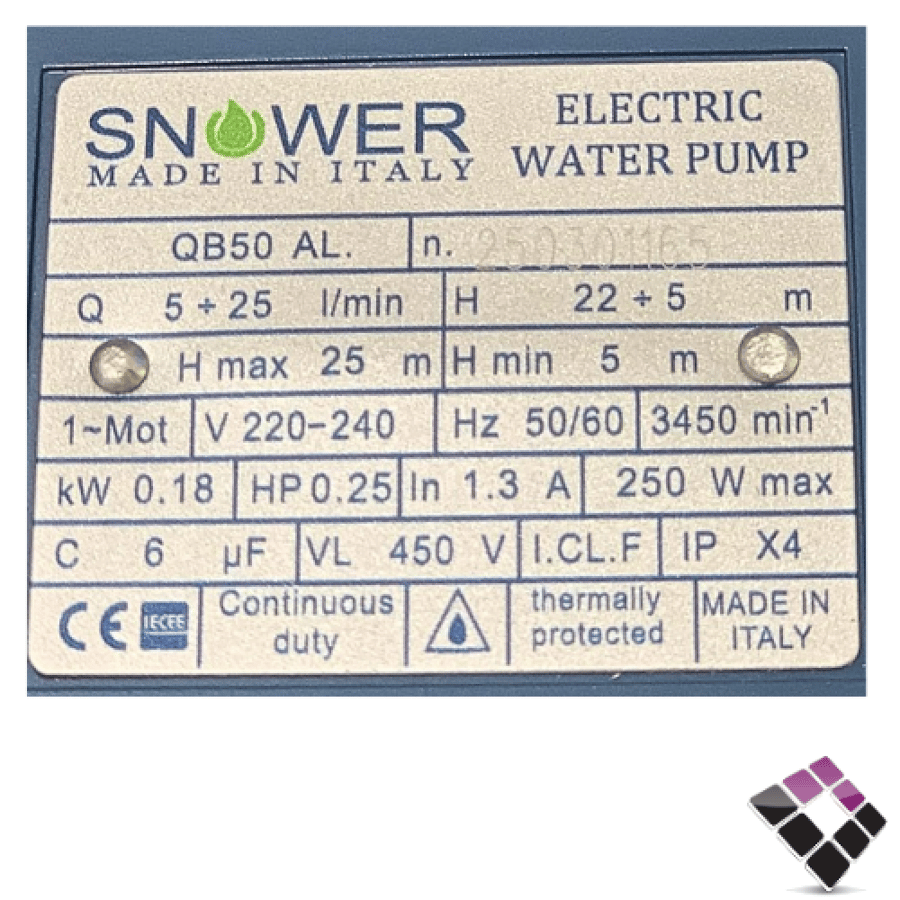 دينمو مضخة SNOWER ايطالي مقاس 1/4 حصان لون أزرق رقم QB50
