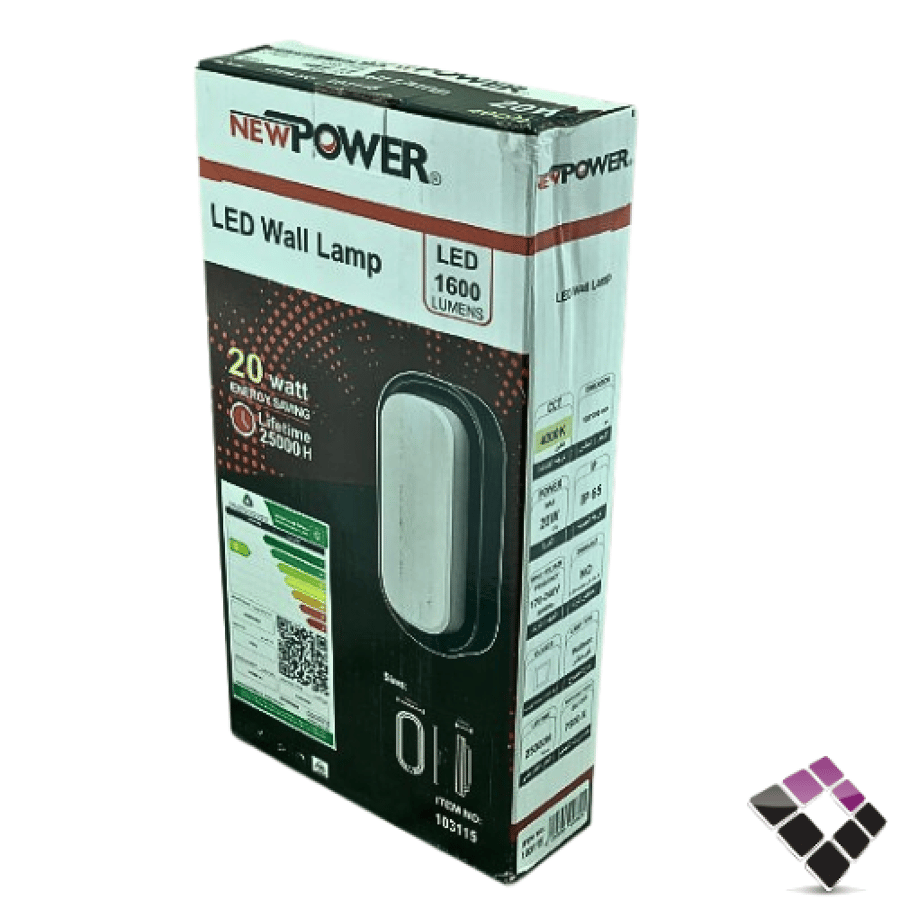 ابلك جداري لطش خارجي LED بيضاوي سادة كبير NEW POWER  جرم أسود اضاءة 4000K كريمي 24W رقم 103115