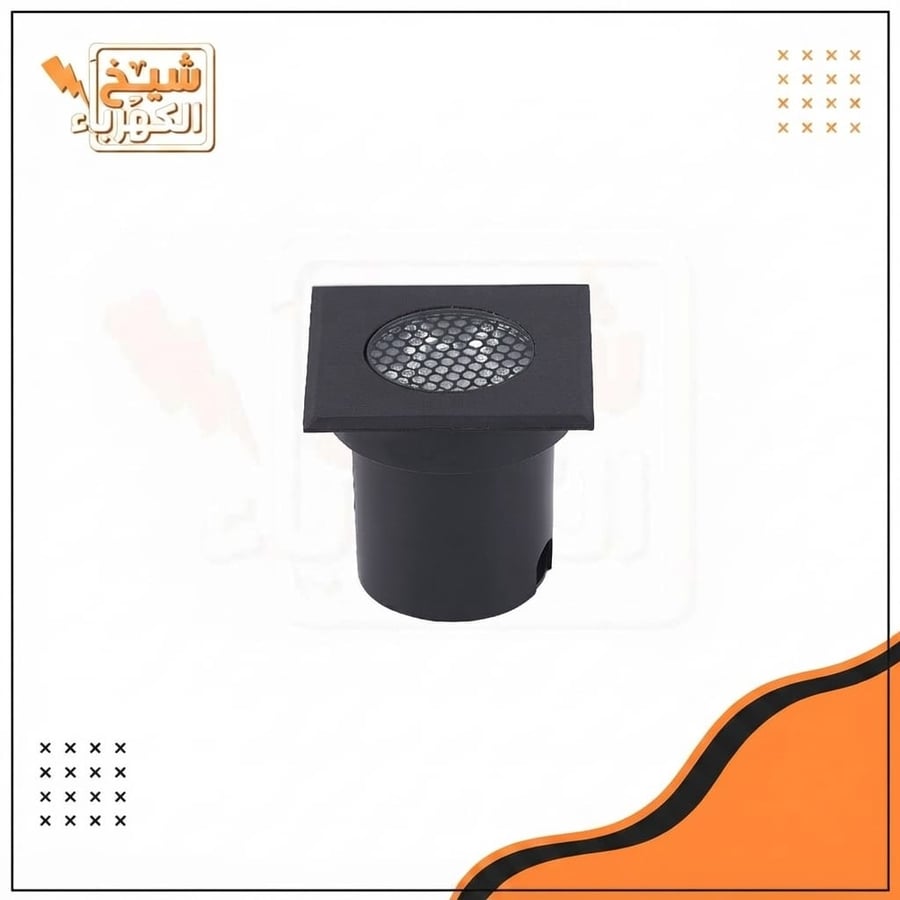 إضاءة LED أرضية، إنارة أرضية خارجية مربعة بتصميم عصري أنيق بلون أسود مع واجهة دائرية غاطسة ذات غطاء شبكي مانع للتوهج، توزع إضاءة دافئة هادئة ومريحة للأعلى