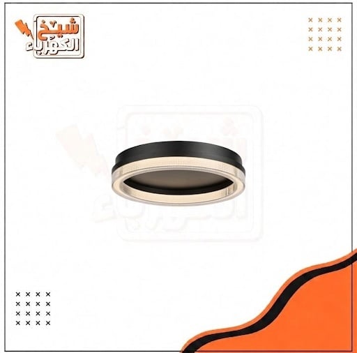 وحدة إضاءة سقفية دائرية (بلاوند) بتصميم أسود أنيق يحيط بها إطار ضوئي مزخرف بدقة، لتوفير إضاءة محيطية متوازنة تضفي طابعاً معمارياً عصرياً وراقياً على المساحات الداخلية