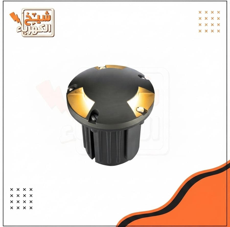 إضاءة LED أرضية، إنارة أرضية خارجية دائرية بتصميم عصري أنيق باللون الأسود مع فتحات جانبية متعددة لتوزيع إضاءة دافئة ومنتشرة بشكل هندسي جذاب