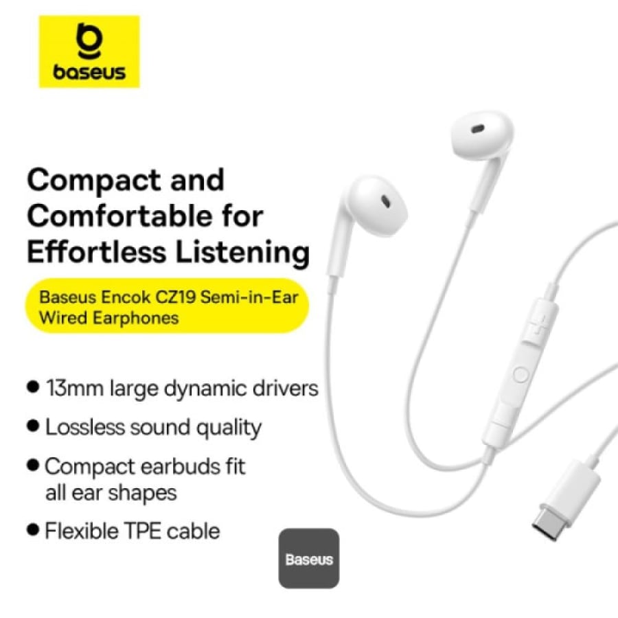 سماعات بيسوس إنكو CZ19 USB-C سلكية – محركات 13 مم وميكروفون مدمج – أبيض