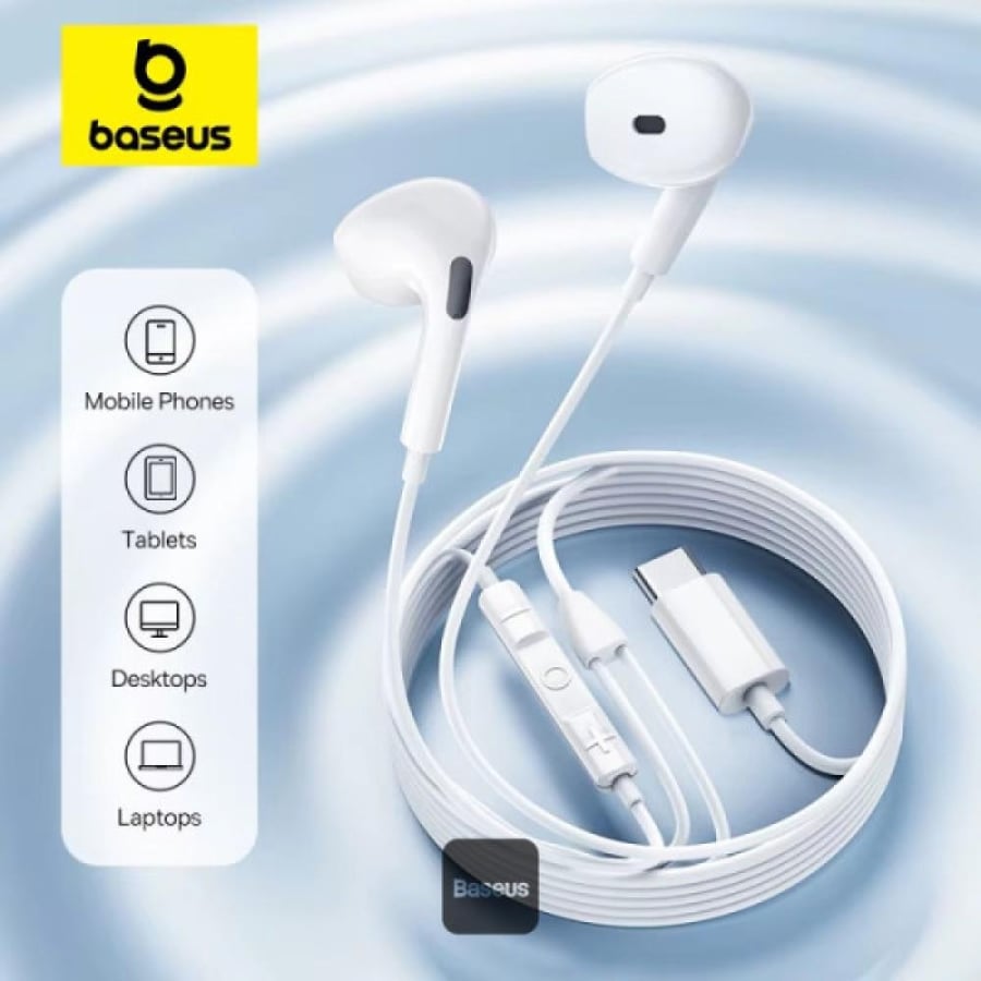 سماعات بيسوس إنكو CZ19 USB-C سلكية – محركات 13 مم وميكروفون مدمج – أبيض