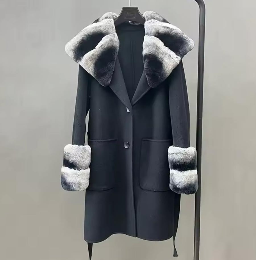 Long Cashmere Coat with rex rabbit fur