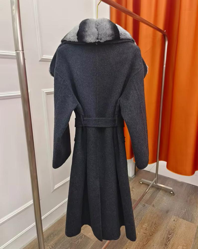 Long Cashmere Coat with rex rabbit fur