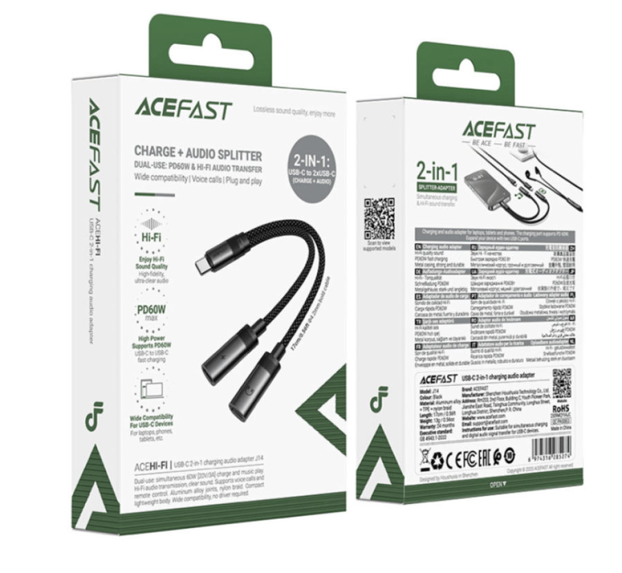 AceFast J14 محول صوت وشحن USB-C – أسود  AceFast J14 USB-C Audio & Charging Adapter