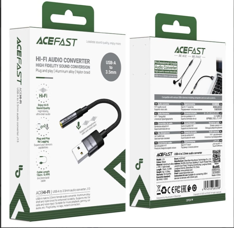 AceFast J13 محول صوت USB-A إلى 3.5 مم – أسود  AceFast J13 USB-A to 3.5mm Audio Adapter