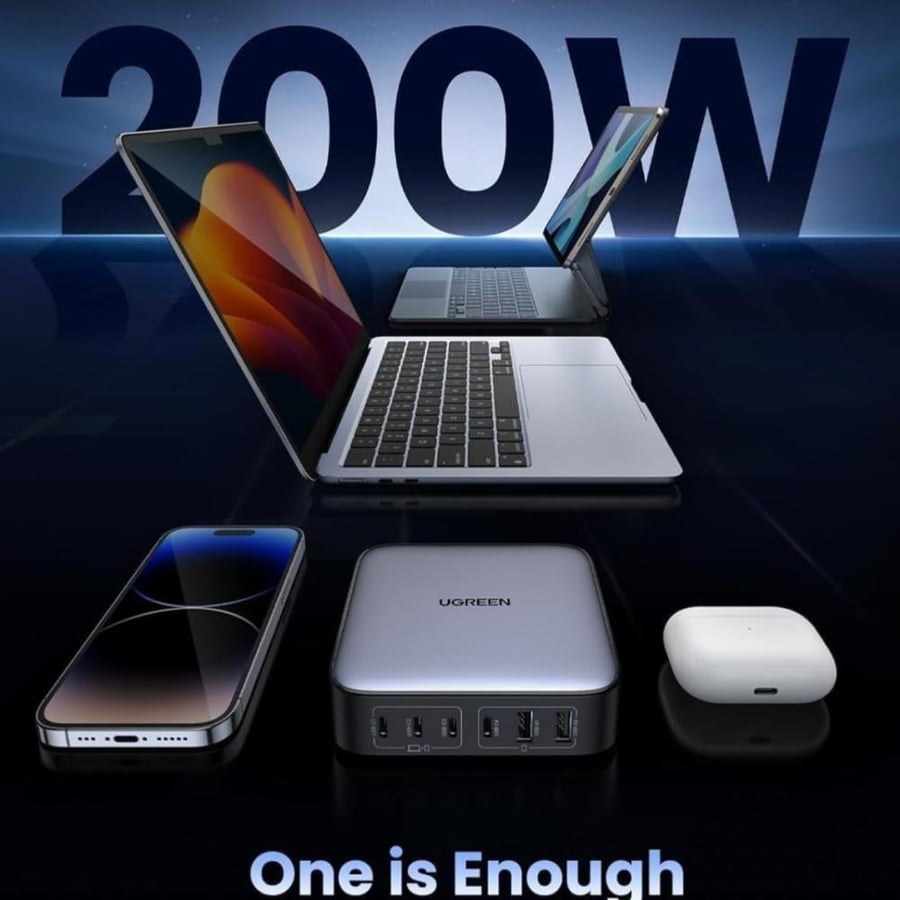 يوجرين قاعدة شحن USB C 200 واط متعددة الوظائف 6 في 1 من نيكسود، شاحن سريع USB قابس حائط لماك بوك برو/اير، ستيم ديك، هواوي P60، ايفون، ايباد برو، جالكسي S23 الترا، الخ