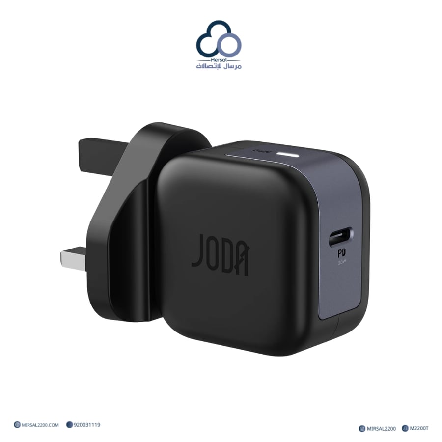 جودا - شاحن جداري بقوة 20 واط بمنفذ USB-C وتقنية GaN- اسود ضمان سنتين