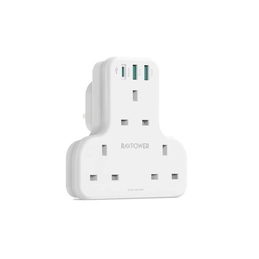 شاحن جداري راف باور بايونير 3 مداخل طاقه ثلاثيه مع منفذين USB ومنفذ تايب سي بتقنية PD بقوة 20 واط + كيبل يو اس بي ايفون