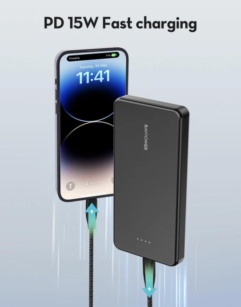 بطارية راف باور 10000 ملي امبير بمنفذ تايب سي ومنفذ مايكرو ومنفذ USB بقوة 20 واط