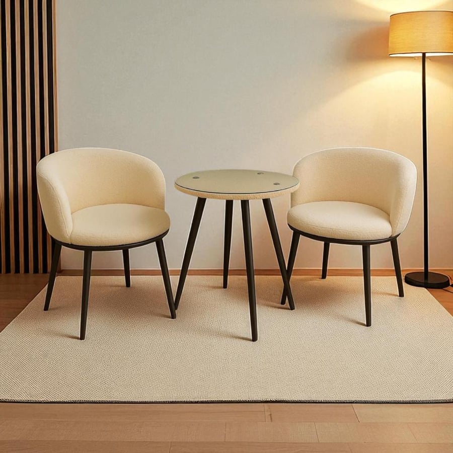 Table set with 2 white upholstered chairs