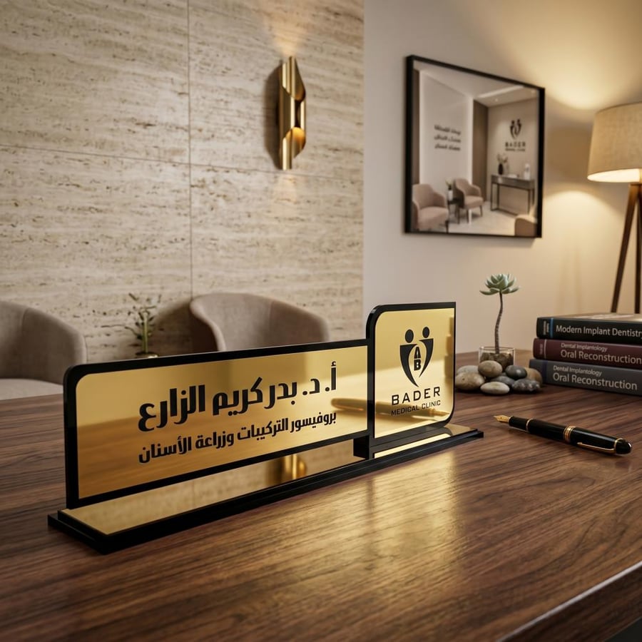 Luxury desktop stand with name and logo
