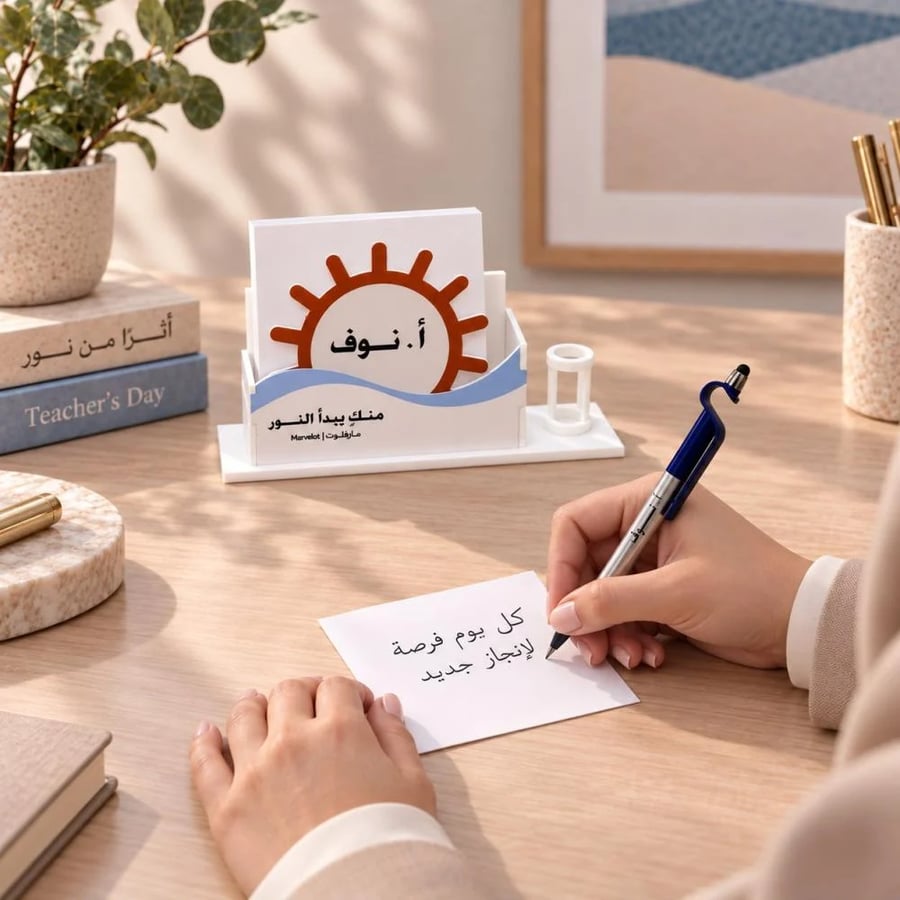استاند قلم مع نوتة يوم المعلم مخصص بالاسم – هدية مكتبية أنيقة